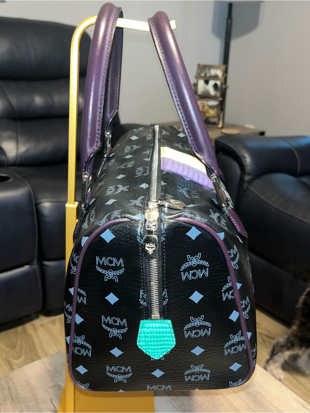 MCM Black monogram Leather Satchel with Purple Handles and Multicolor Patches - Picture 3 of 11